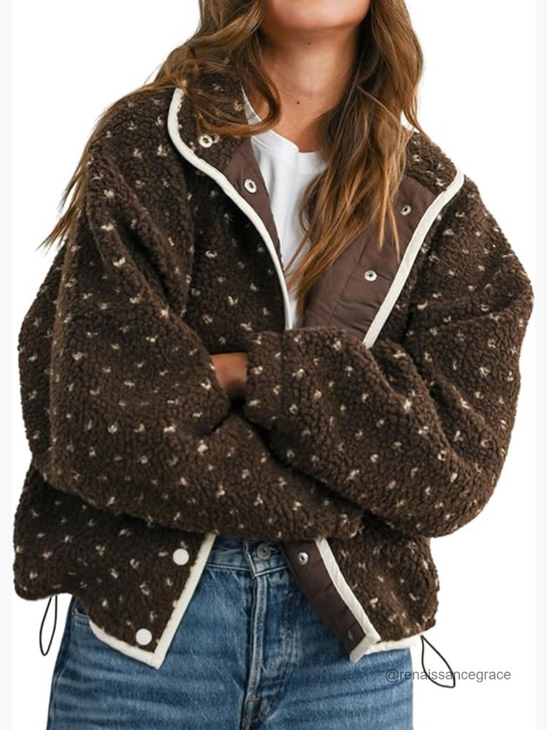 Women's Fleece Sherpa Jacket Button Down Lapel Collar Quilted Outerwear
